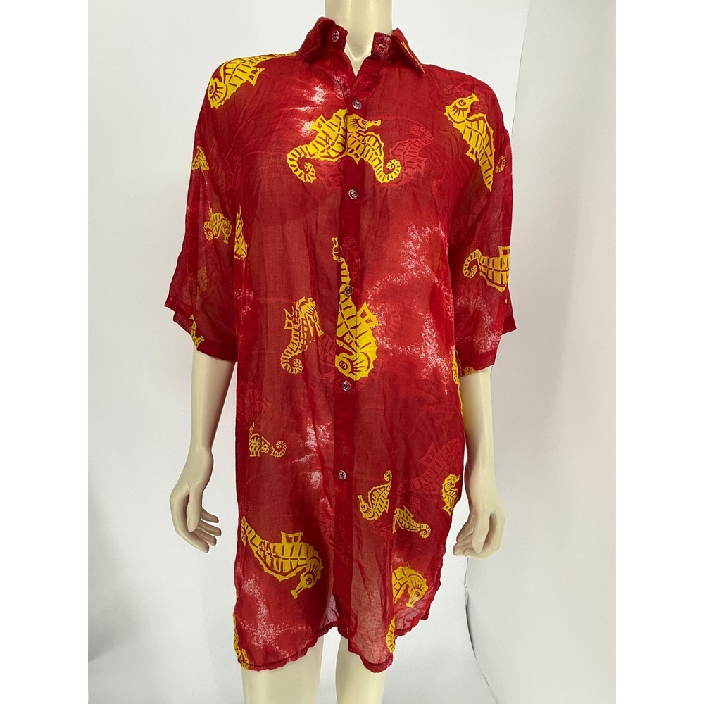 Vintage Red Yellow Seahorse Print Silk Button Down Shirt South Africa Made